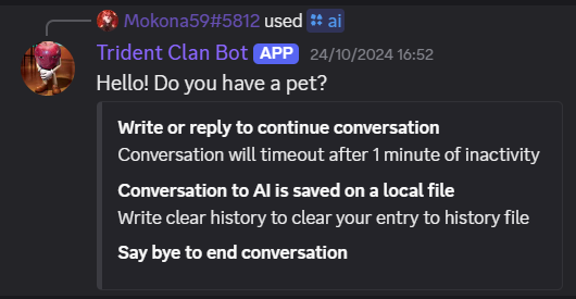 Mokona59 used /ai, Hello! Do you have a pet ?
